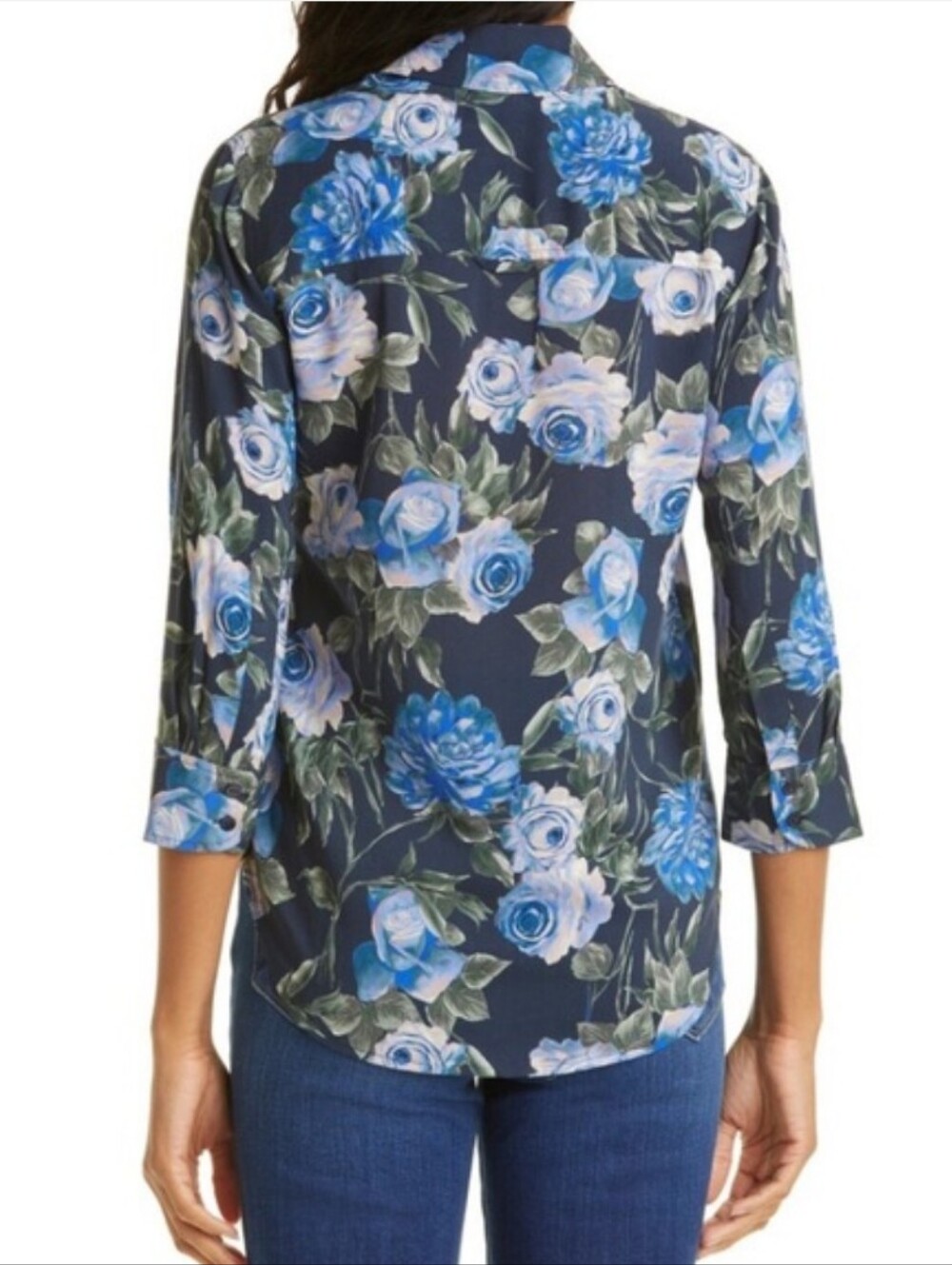 L'Agence Camille Floral Hi-Low Blouse 3/4 Sleeve Collar V Neck Blue Roses M - Picture 4 of 11